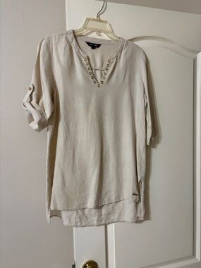 Ellen Tracy Cream Maxi Tunic with Gold Grommet V-Neck